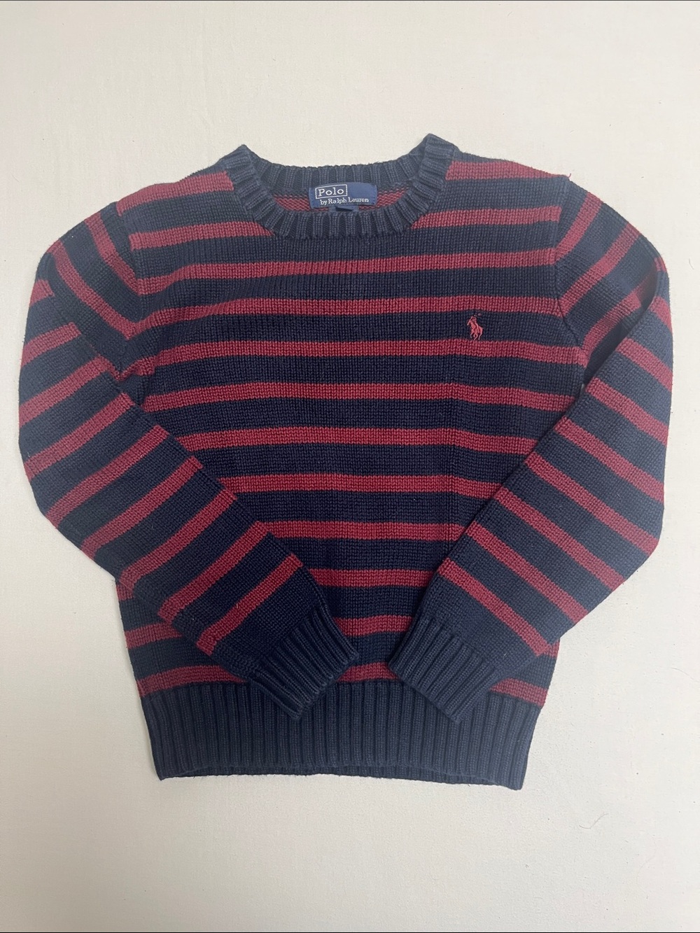 Boys Polo by Ralph Lauren Navy and Burgundy Striped Crewneck Sweater